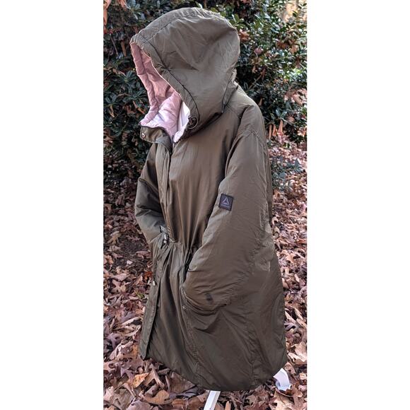 Reebok Reversable Parka Coat Wm 2X Puffer Hooded Cinch Waist Winter Olive Pink - Picture 15 of 15
